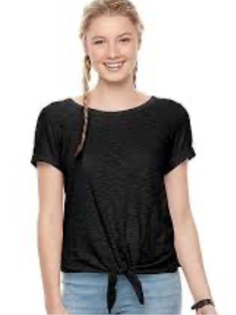 Black Tie-Hem Short Sleeve Women's Top